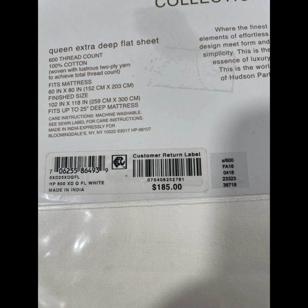NIB [ QUEEN ] 600TC Cotton Extra Deep Flat Sheet for Hudson‎ Park